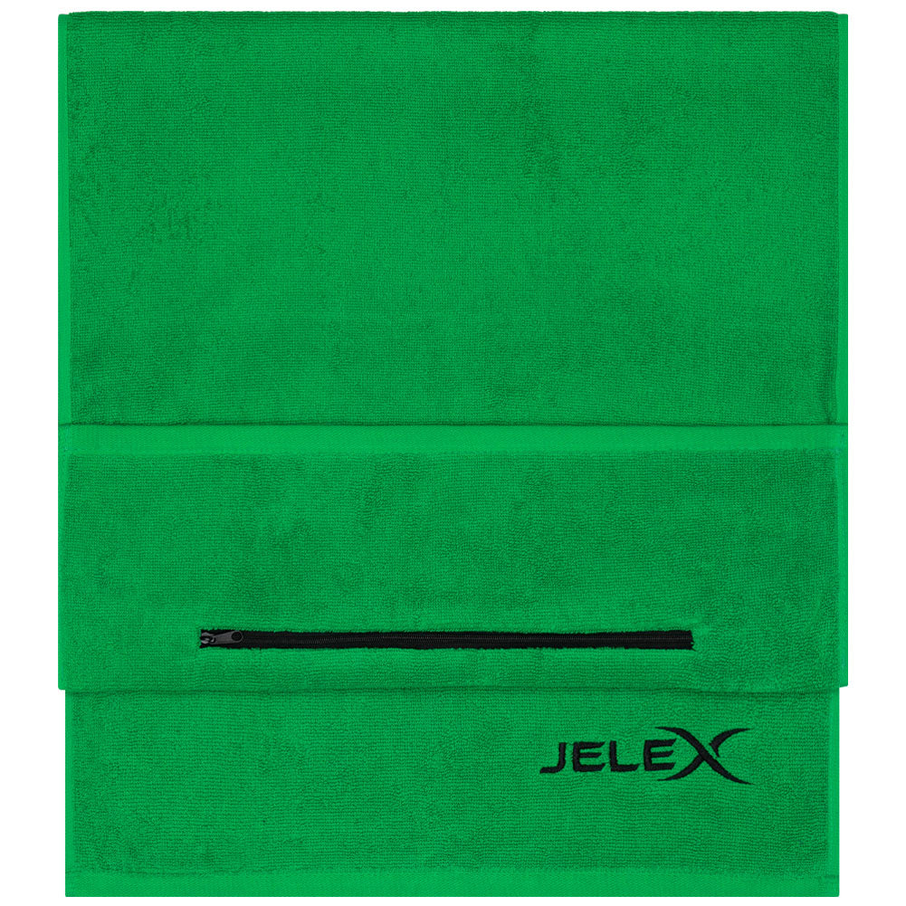 JELEX "100FIT" Fitness Handtuch mit Zip-Tasche grün
